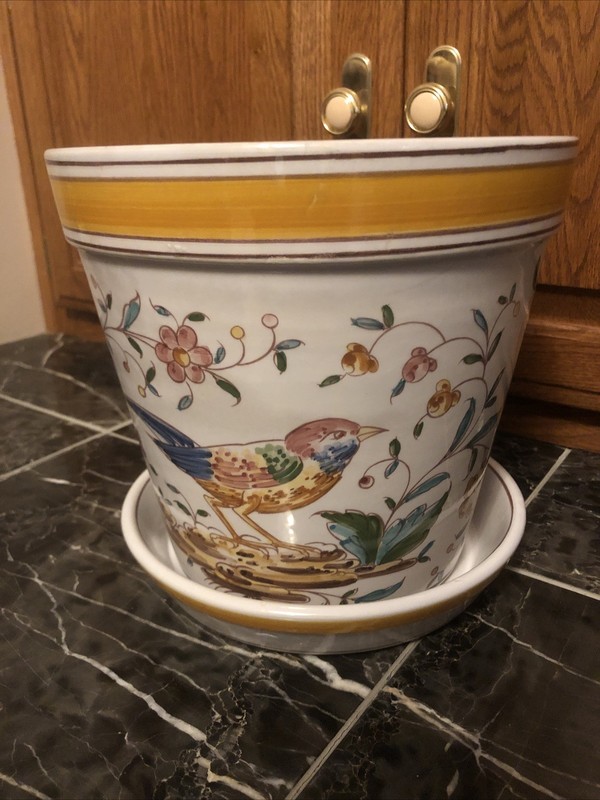 Vtg Portugal Planter Hand Painted Floral/Bird Plant Pot And Tray Approx 8X8.5”