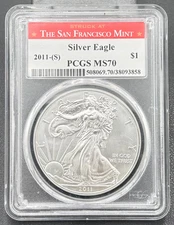 2011 S Silver Eagle Dollar $1 1ozt .999 Silver PCGS MS 70, SF Mint Red Label