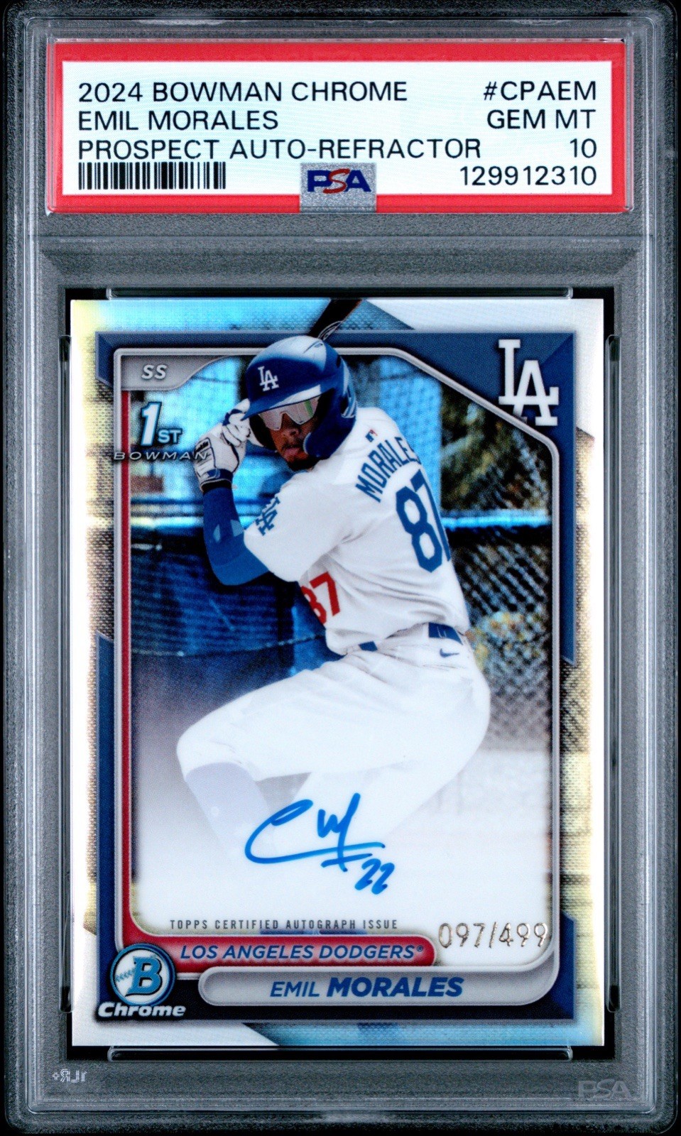 2024 1st BOWMAN CHROME EMIL MORALES PROSPECT AUTO REFRACTOR /499 PSA 10