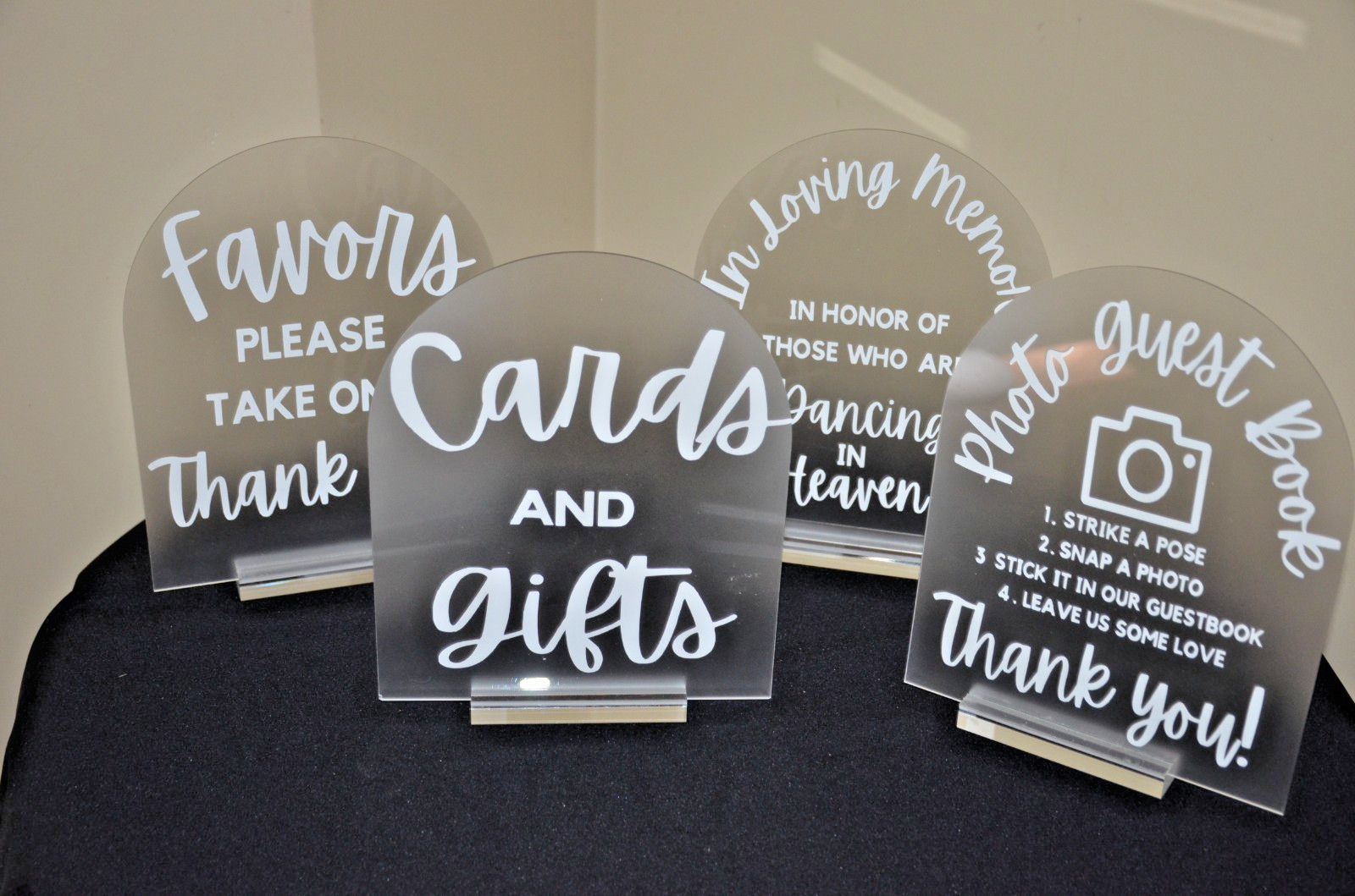 LOT 4 Acrylic Wedding Signs with stands  Favors Cards Photo Guest Book In Memory