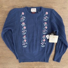 VTG Susan Bristol 100 Wool Crew Neck Sweater-Hand Embroidered Floral-Sz 36 4-6 