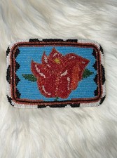 Handmade Beaded Western Americana Belt Buckle Red Floral Design 3x4 Inches
