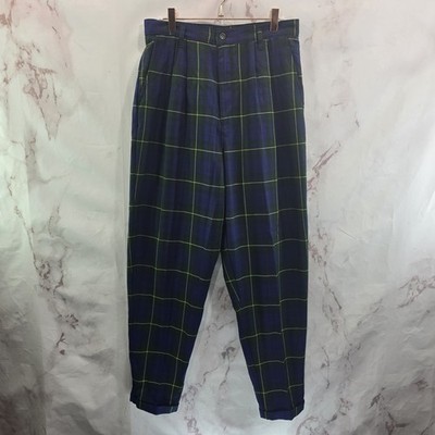 Vintage Plaid Pants Womens 30 Blue Tartan Scotch High Rise 80s 90s Barrel Leg