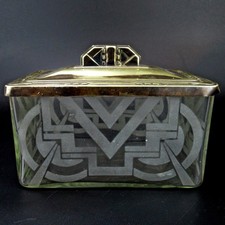 SUPERB Art Deco Lidded Jar Glass Metal Lid Geometric Pattern 1920s 1930s