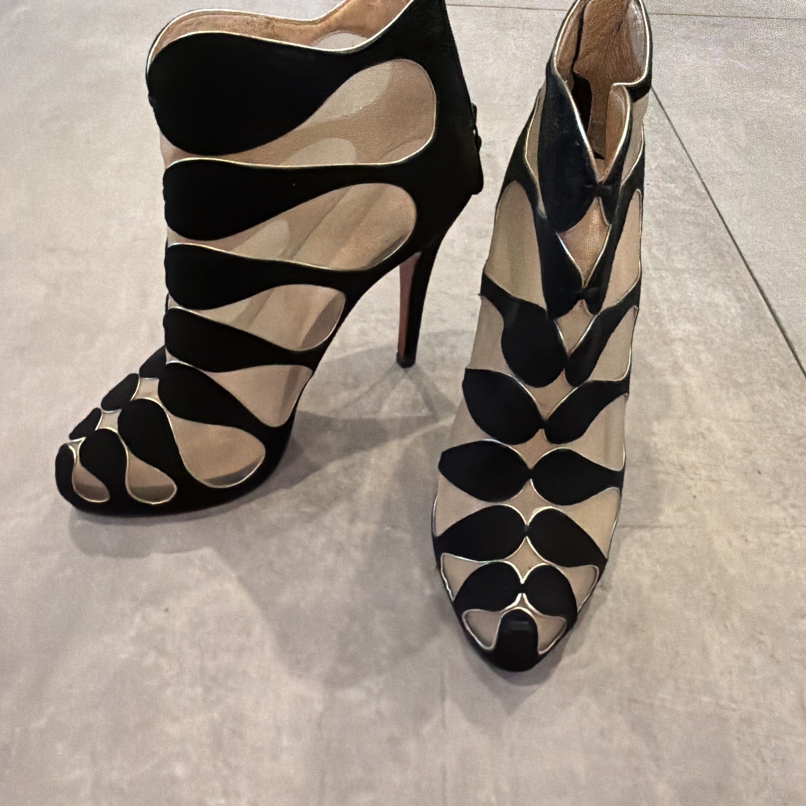 Christian Louboutin Black Suede And Nude Mesh Circus Cutout Ankle Boots EU 38 image 4