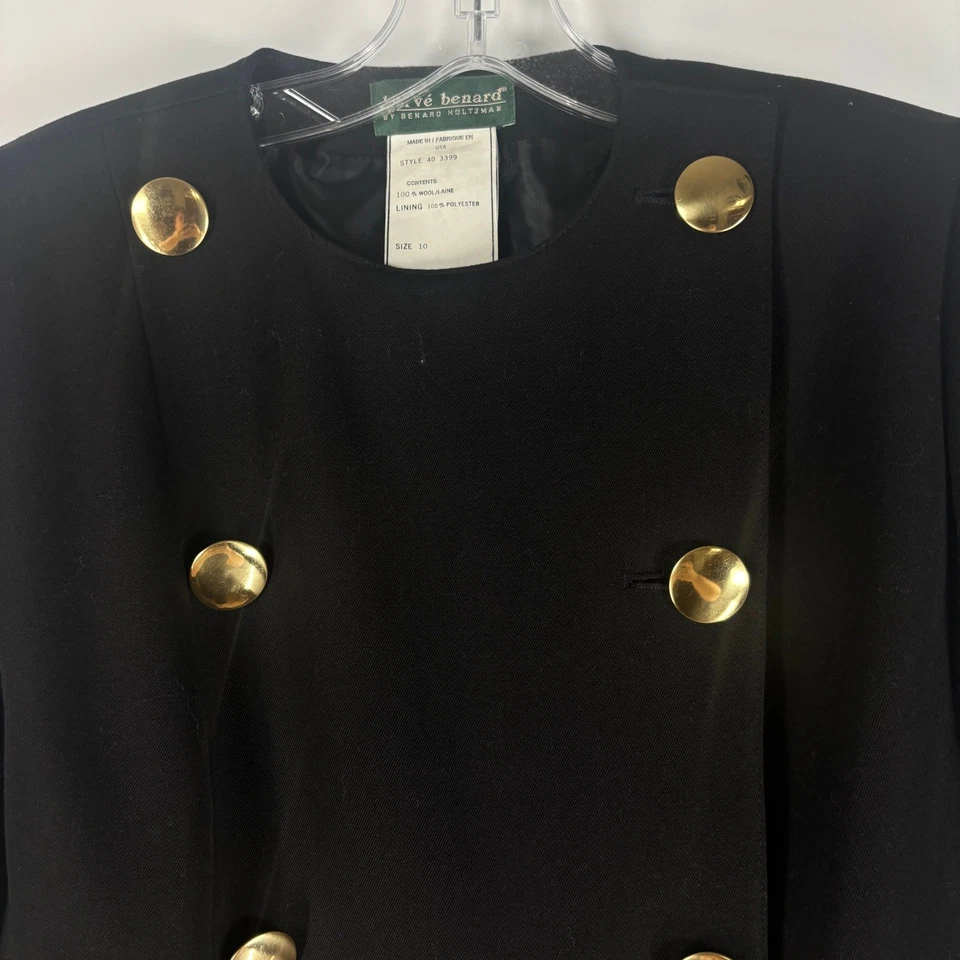 Blazer Harve Benard De Colección Años 90 Para Mujer 10 Negro Lana Dorado Botón Doble Cadena Foto 3 de 4