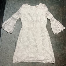 Loft Knee Length White Dress Size 8 Bell Sleeves Lace Cut Out Stripe Cottagecore