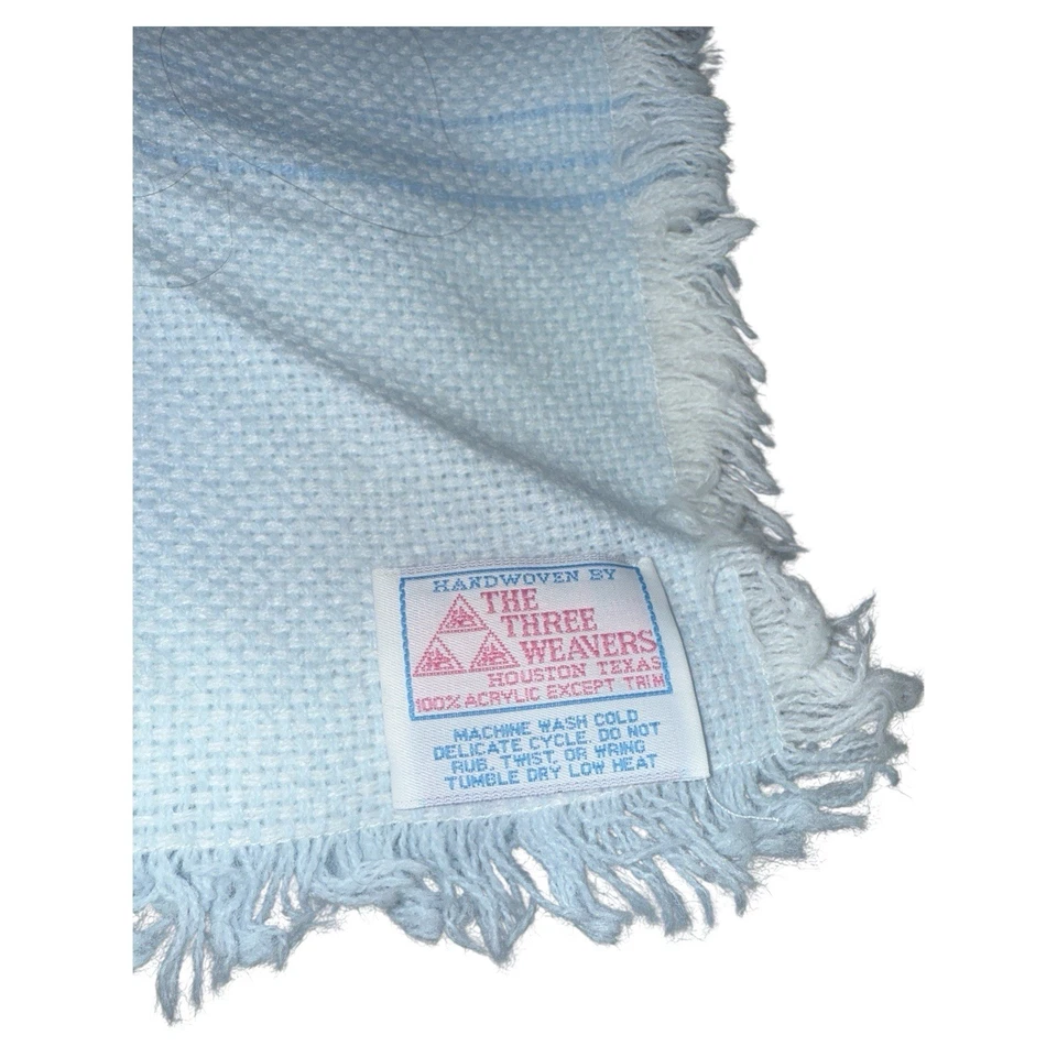 THE THREE WEAVERS Blue & White Baby Blanket Hand Woven Plaid Texas - Image 2 of 4