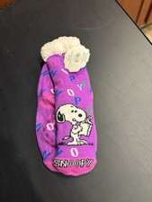 New Snoopy Peanuts Fleece Slipper Socks Pink Sherpa Lined No Slip Cozy One Size