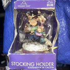 Vintage Holiday Time Frog Family Stocking Holder Christmas Mantel Decor Boxed