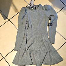 Express Women’s Gray Knit Fit & Flare Sweater Dress L Bow Back Puff Stretch