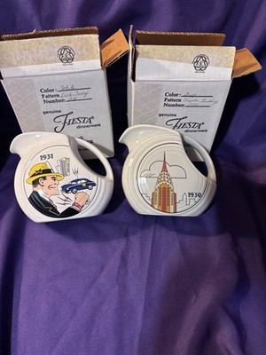 NIB Vintage Fiesta ware Dick Tracy and Chrysler Building juice pitchers HLCCA