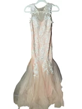 Marsen Posh Tiffany Sheath Embroidered Mermaid Formal Dress Nude Peach Small