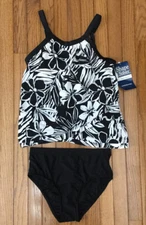 New SHAPE SOLVER 2 Pc Swimming Tankini Top & Bottom Black & White Floral Sz 10