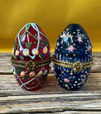 Vintage Egg Trinket Box Lot Of 2 Glass Hinged Made In China