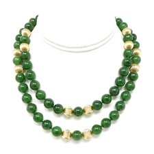 NYJEWEL 10mm Natural Nephrite Jade  14 Gold Bead Long Necklace 33" 110.4g