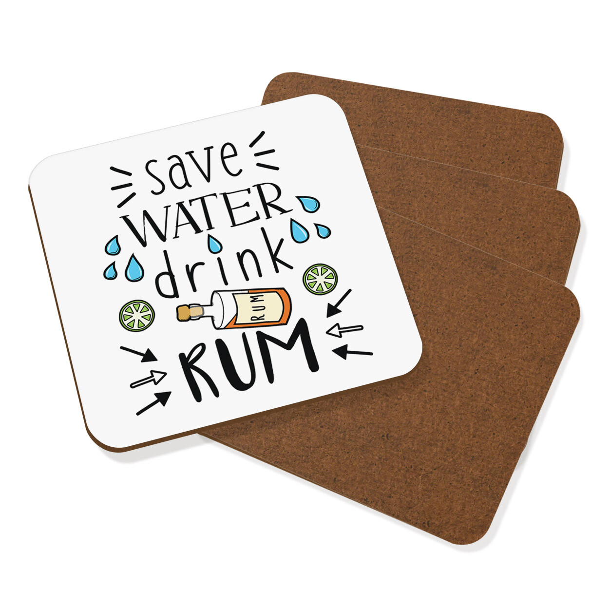 Save Water Drink Rum Coaster Drinks Mat Set Of 4 Joke Funny Drunk Alcohol
