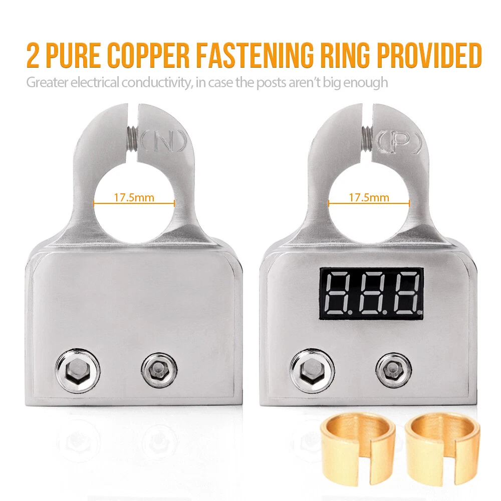  2X Digital Car Battery Terminal Connectors w/ Voltmeter Power Post 0/4/8 Gauge