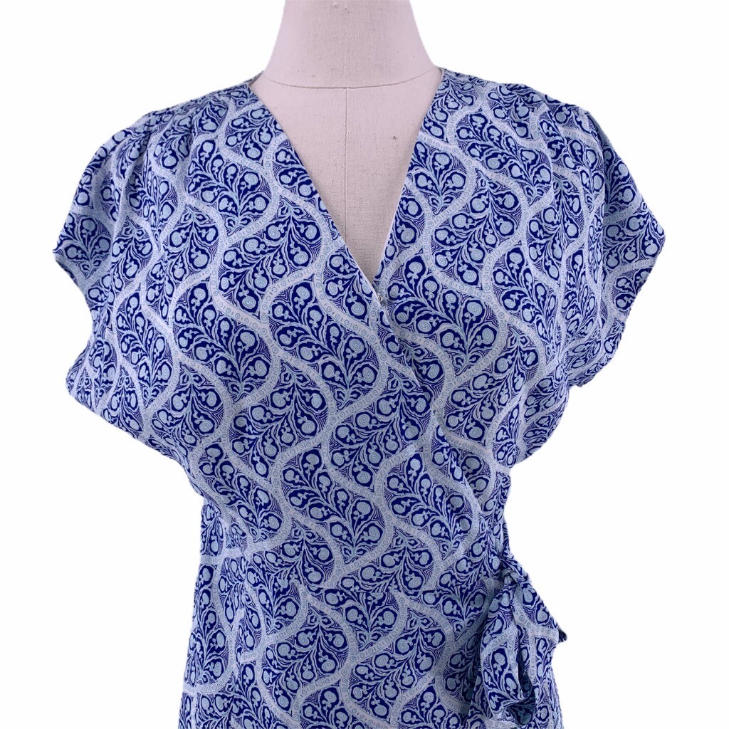 blue paisley wrap dress Blue Paisley Print Mesh Wrap Front Fit & Flare Dress