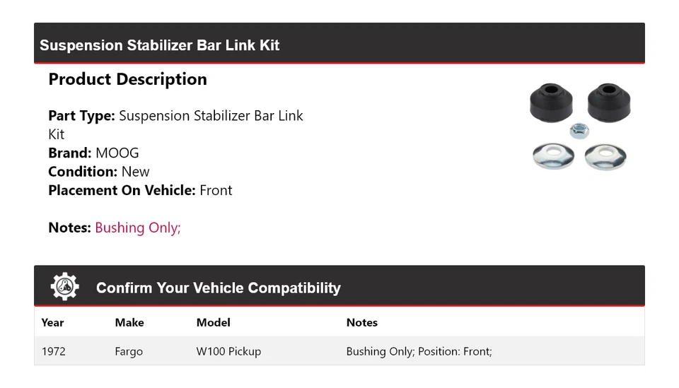 Kit de eslabones de barra estabilizadora de suspensión para camioneta Fargo W100 1972 MOOG delantero Foto 2 de 4