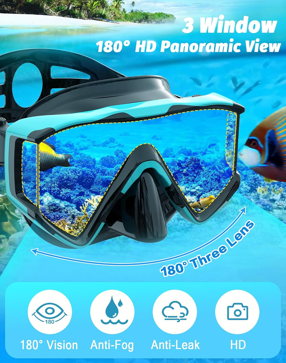 Free Shipping! Greatever Mask Fins Snorkeling Gear For Adults, Full Face Snorkel Mask Adjustable Swim Fins Snorkel Set Panoramic View Snorkel Mask Dry Top Anti Fog Anti