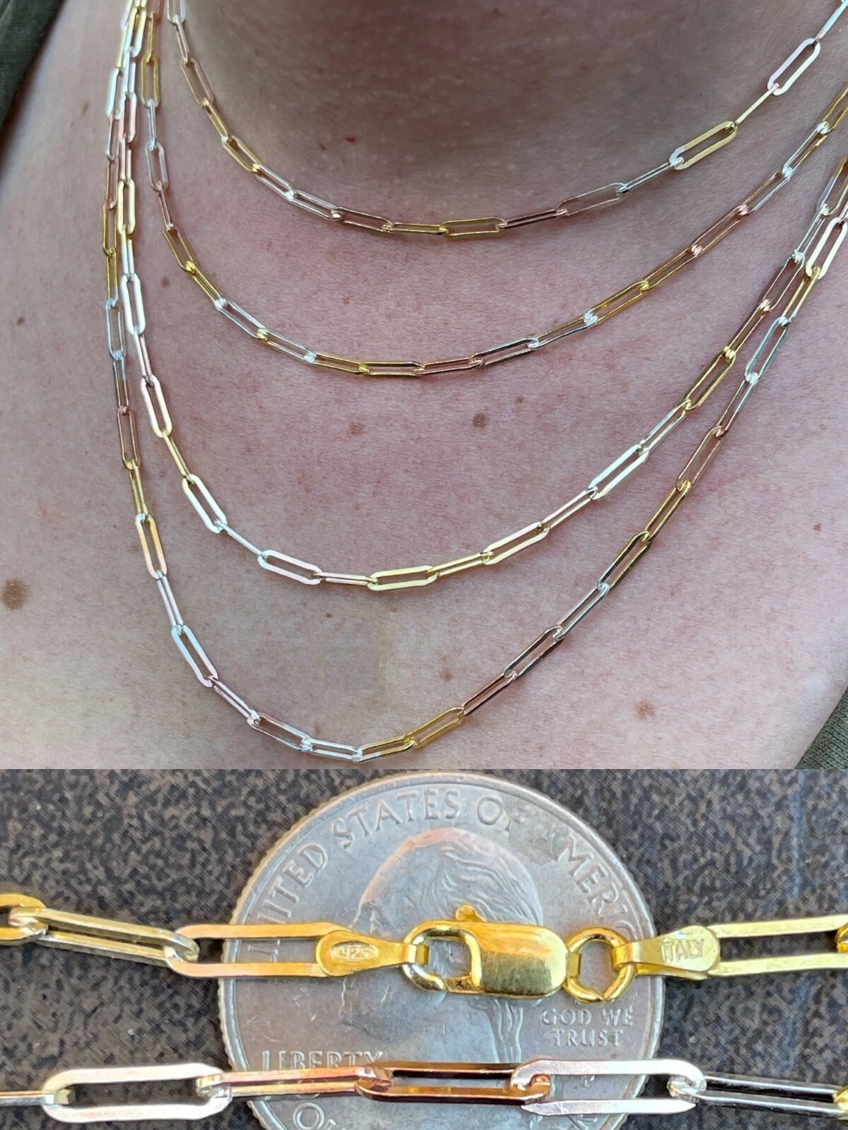 VALENTINO Collana catena fermacarte vera tricolore placcata oro giallo rosa argento 925