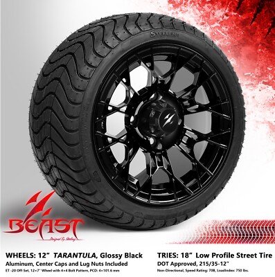 4x GOLF CART 12'' BLACK 'TARANTULA' WHEELS and 215/35-12 DOT LOW PROFILE TIRES