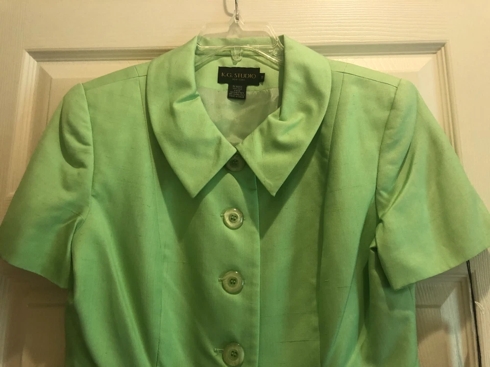 NOVO COM ETIQUETAS K G STUDIO VERDE LIMÃO 100% SEDA FORRADO 2~PC TERNO SAIA MANGA CURTA ~ 10 - Imagem 3 de 4