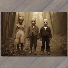 Art Print Weird Creepy Vintage Masks Strange Cult Unusual Group Kids Fall 💀