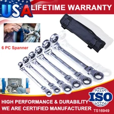 Double Box End Ratcheting Wrench Flex-Head Extra Long 6 PC Spanner Set Metric US