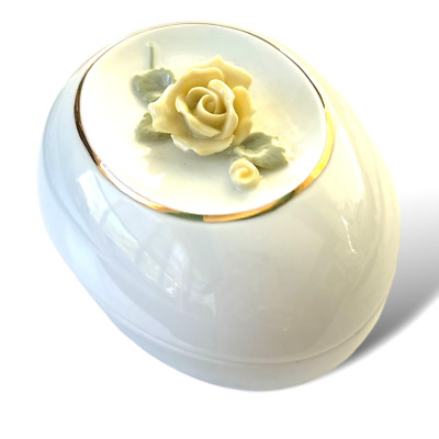 White Porcelain Trinket Box Egg Yellow Rose Easter Otagiri Japan Easter Gold Rim