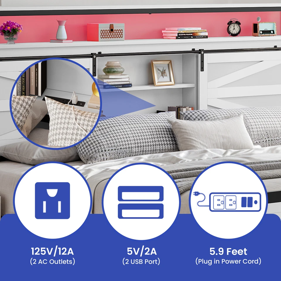 Armação de cama king size com luzes LED cabeceira prateleiras de armazenamento estação de carregamento - Imagem 3 de 4