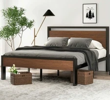 Queen Size Metal Platform Bed Frame with Wooden Headboard&Footboard, Walnut