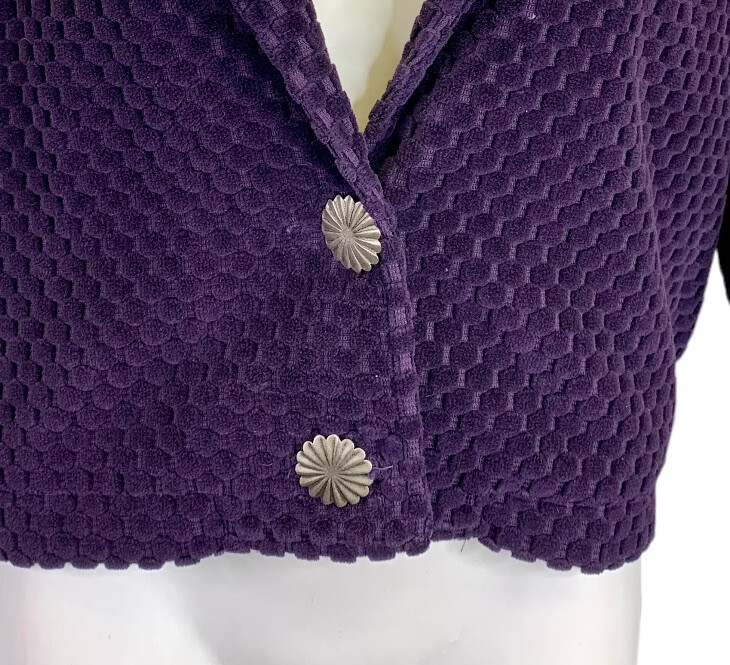 Giacca ritagliata pony dipinta S piccola arazzo viola arte da indossare bottoni vintage