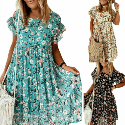 Women Boho Floral Loose Tunic Dresses Holiday Summer Beach Baggy Kaftan  Dress UK | eBay