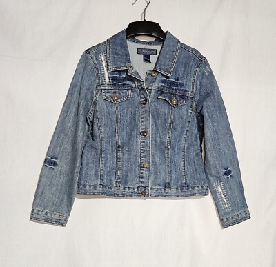 Baccini Jacket Womens Large Blue Denim Button Down Cotton Stretch Artsy Unique