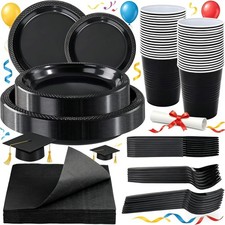 210 PCS Black Plastic Plates for 30 Guests - Disposable Dinnerware Set Including