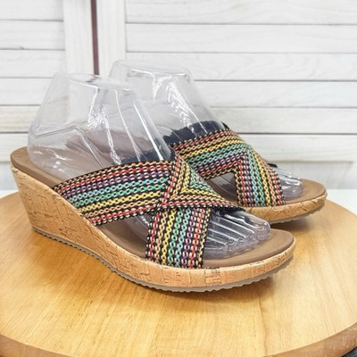 Skechers Beverlee Delighted Rainbow Woven Strap Wedge Sandals Luxe Foam 9