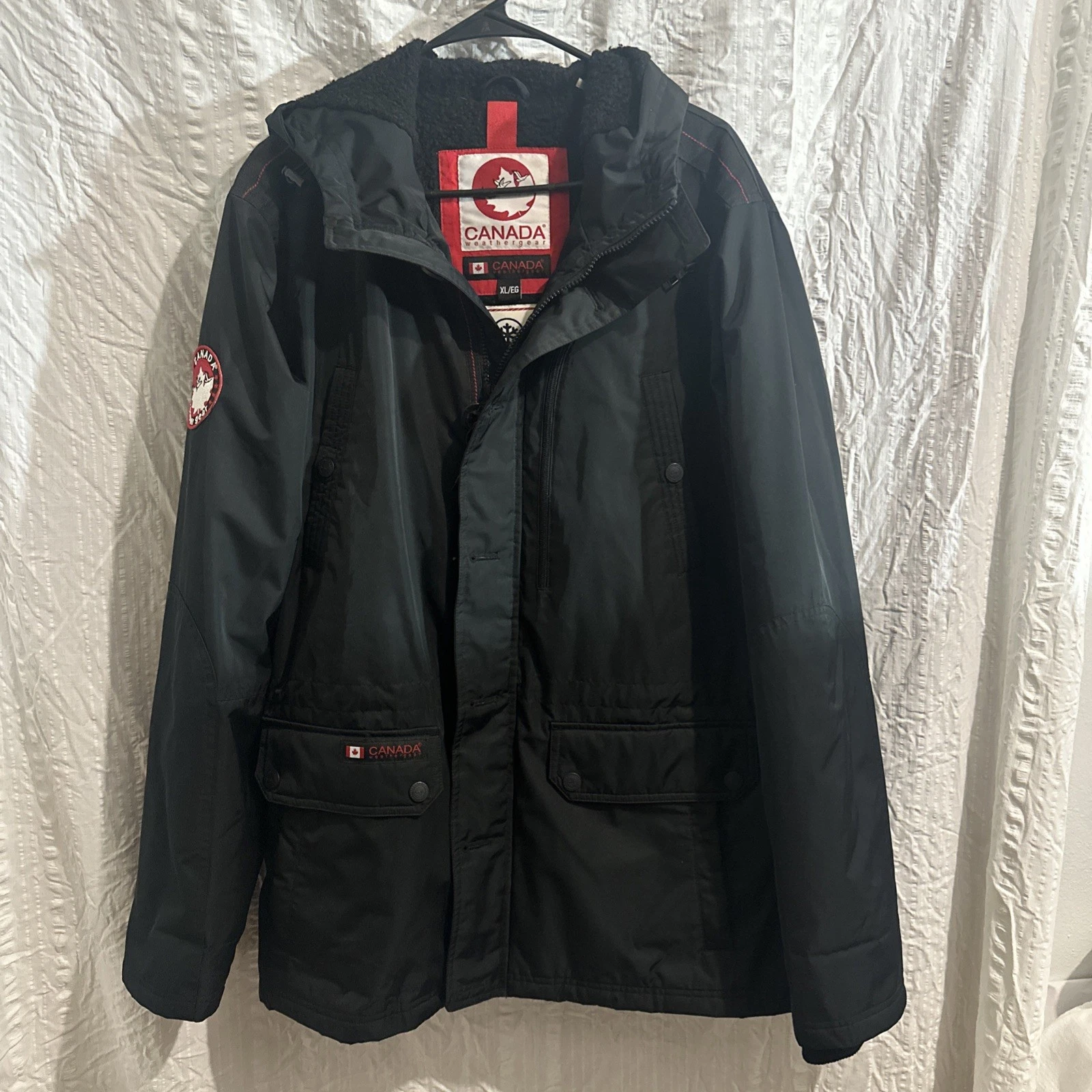 Canada Weather Gear Black Hooded Winter Parka Jacket Black Sherpa Insulated XL