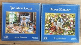 Gibsons 500 Piece Jigsaws x 2 Bundle Too Many Cooks & Hidden Hideaway Used