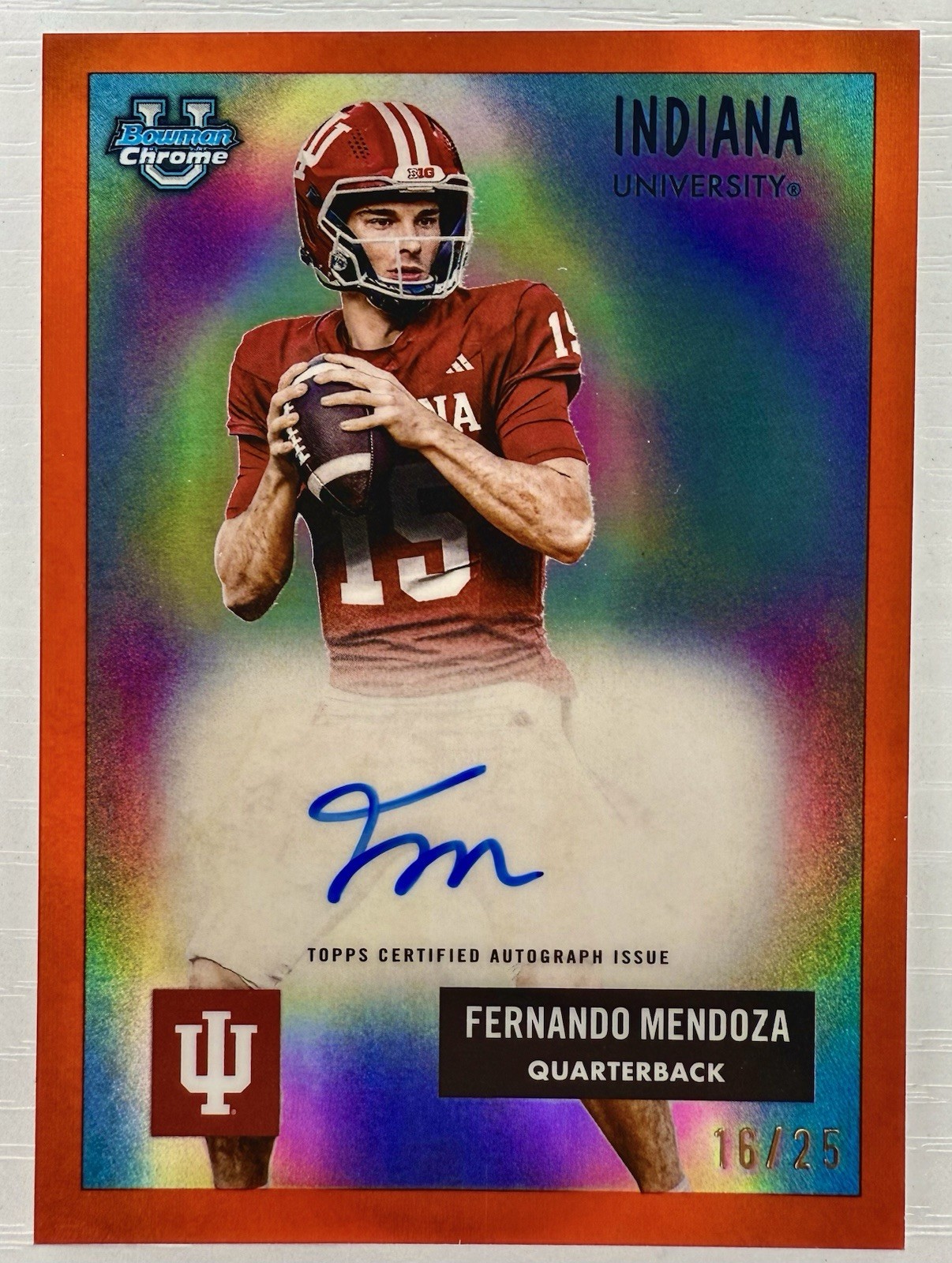 2025 Bowman U Chrome Fernando Mendoza 1955 Orange Refractor On Card Auto /25