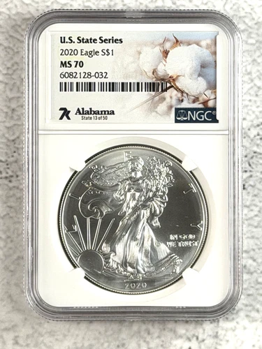 2020 $1 AMERICAN SILVER EAGLE NGC MS70 U.S. STATE SERIES ALABAMA LABEL