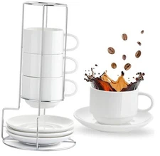  8 Ounce Porcelain Cappuccino Cups with Saucers and Metal Stand, Stackable 