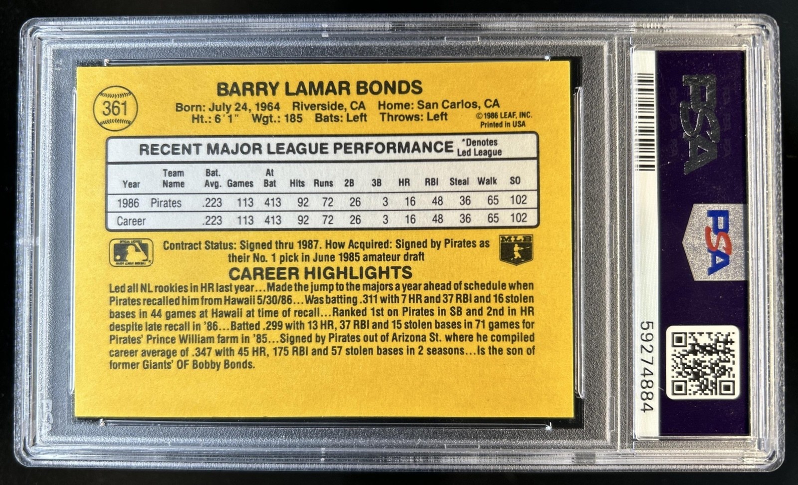 1987 Donruss Barry Bonds Rookie RC #361 Pirates PSA 8 view 2