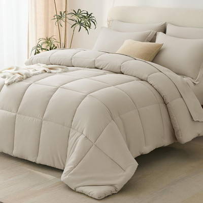 Oatmeal Queen Comforter Set - 7 Piece All-Season Bedding Set with Pillow Shams