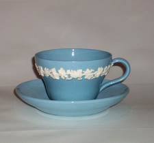 Wedgwood Etruria Barlaston Queensware White on Blue Demitasse Cup & Saucer Set