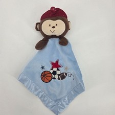 Baby Security Blanket Monkey Blue Sports Theme Satin Trim