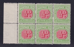 Australia Scott J39a SG D77a MNH 1914 ½d Postage Due Crown/A Block of 6 CV $120