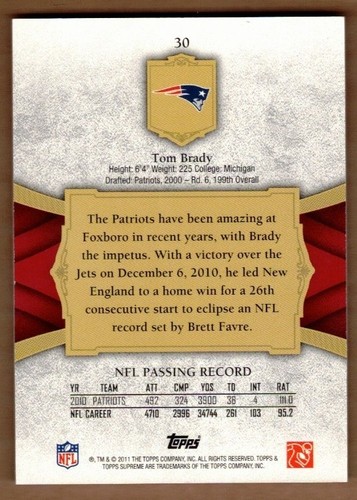 2011 Topps Supreme Red #30 Tom Brady #76/99 - Picture 2 of 2