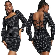 ASOS DESIGN Mini Dress NWOT Size 8 Tall Strappy Back Ruched Cuff Polka Dot